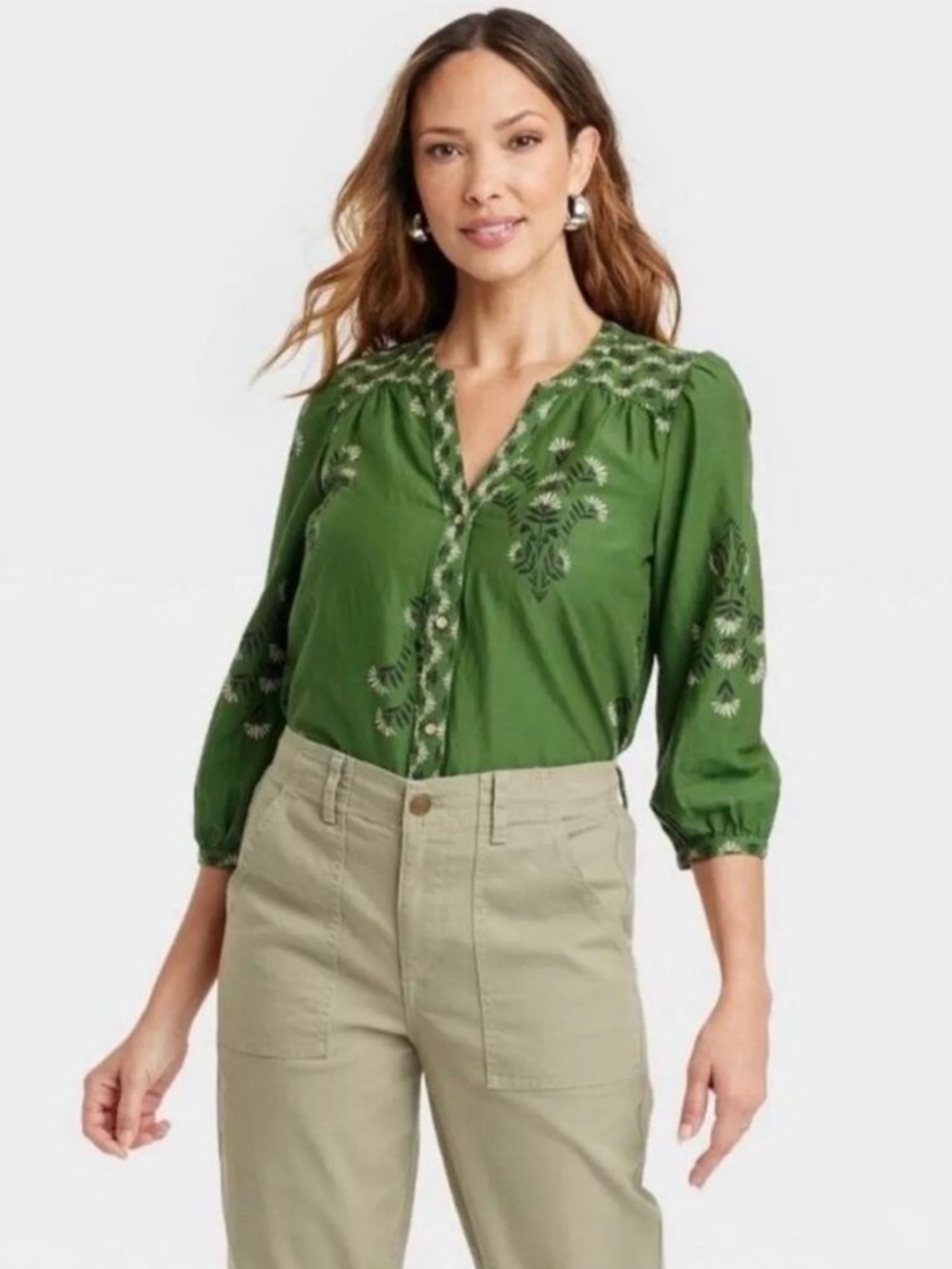 Knox Rose Green Floral V-Neck Button Front 3/4 Sleeve Top